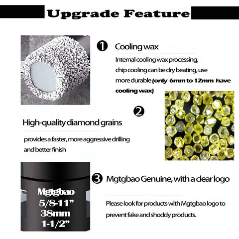 Upgrade features of dry diamond core drill bits with cooling wax, high-quality diamond grains, and clear Mgtgbao logo for product authenticity.