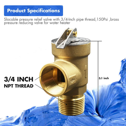 VAV brass pressure relief valve with 3/4 in NPT female thread, 150 PSI, water heater compatible