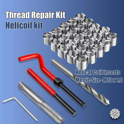 M10 X 1.0mm Helicoil Style Thread Repair Kit For Damaged Internal Threads, Stainless Wire Insert Set, tools and inserts visible