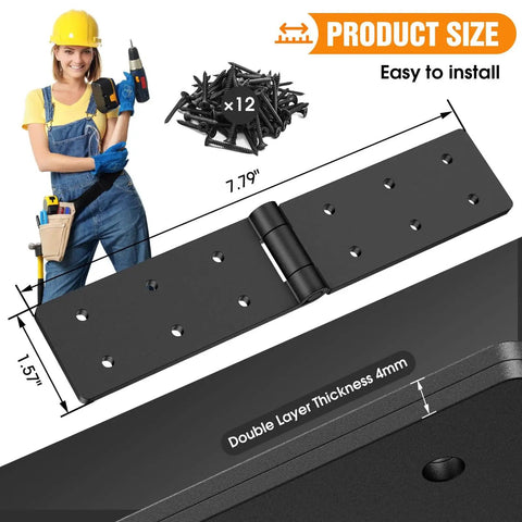 Heavy Duty Gate Hinges 270 Degree Adjustable For Wood Fence And Barn Door With Screws Two Pack Double Layer Folding Butt Hinges Kit Built From Heavy Duty Steel For Superior Weather Resistant Durability And No Sag Support, shown with worker and screws.
