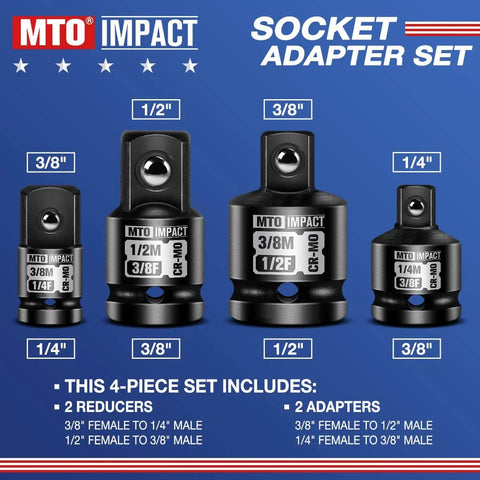 Four Piece Impact Socket Adapter And Reducer Set For One Quarter, Three Eighths, And One Half Inch Drives, shown front view