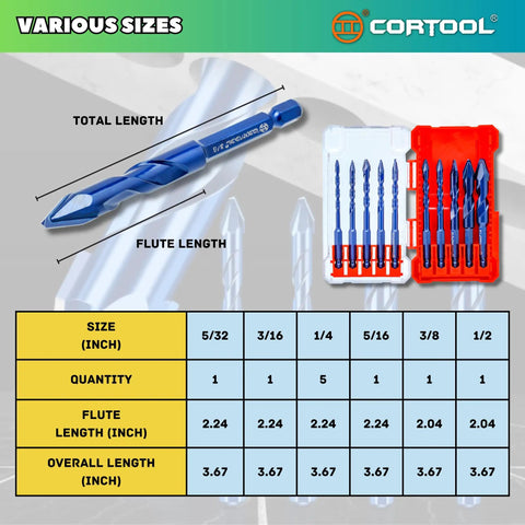 Image of Do It All 10 Piece Eccentric Masonry Drill Bit Set For Tile Brick Concrete Wood Glass Plastic And Soft Metal With Crooked Head Bits In 5/32 3/16 1/4 x5 5/16 3/8 1/2 Inches From CORTOOL showing various sizes in case.
