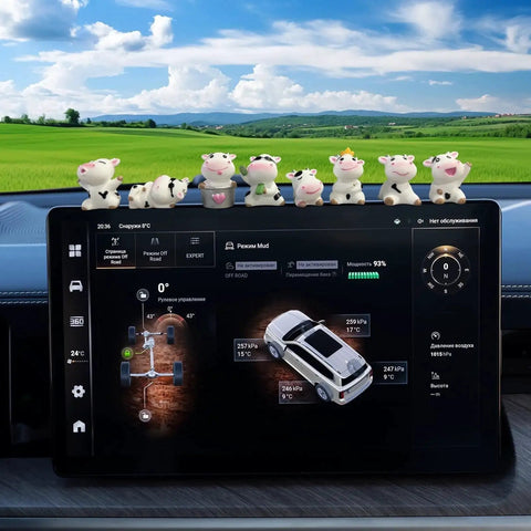8 Pcs Cute Cow Car Dashboard Ornaments Set For Interior Decor displayed on car dashboard with digital screen