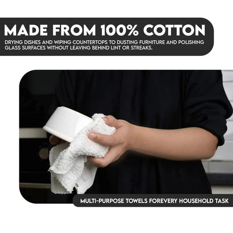 Person using 60 Pack White Cotton Terry Bar Mop Towels, 14X17 Inches, Super Absorbent Cleaning Rags for drying a dish