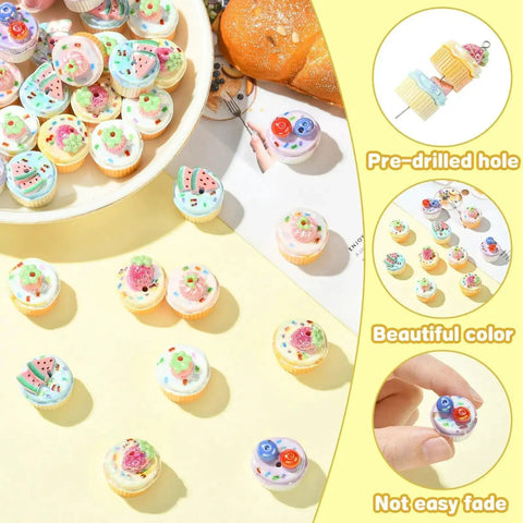 Colorful Imitation Food Resin Beads Set 30 Pcs 3D Fruit Cupcake Mini Dessert Spacers for DIY Crafts and Dollhouse Projects