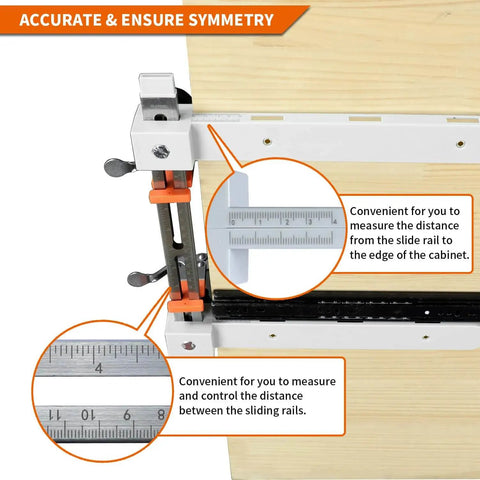 Drawer Slide Jig With Toggle Clamp And Magnetic Arm For Precise Cabinet Installations Laser Engraved Dual Scale Marks