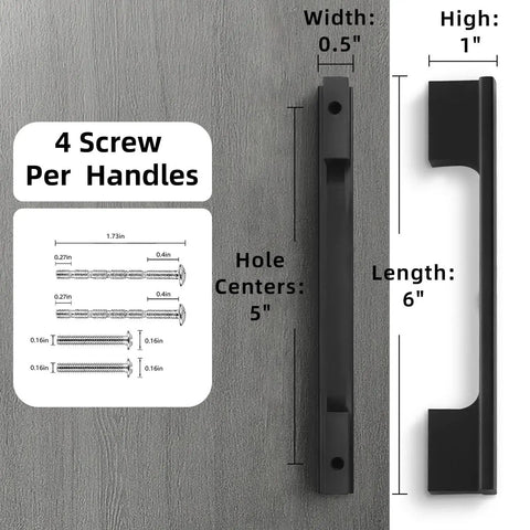 Diagram of Matte Black Cabinet Pulls 5 Inch Center To Center Aluminum Drawer Handles Set of 10 showing dimensions and screws included