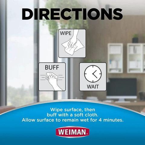 Directions for Electronic Screen Cleaner Wipes 4 Pack For Laptops Computers And TVs Kills Germs with wipe, buff, wait steps.