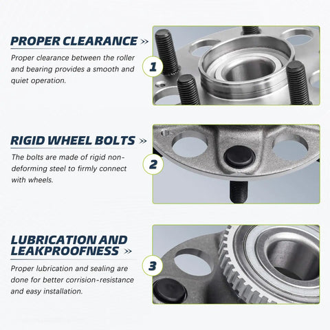 Close-up of Rear Wheel Bearing Hub With Five Lug And ABS Compatible With Honda Accord 2003 2007 And Acura TL 2004 2008 Driver Side Or Passenger Side Assembly 512188, showing metal components and bolts for secure installation.