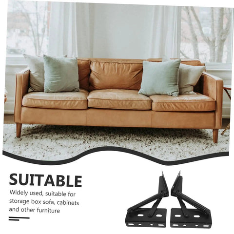 Heavy Duty Folding Sofa Hinges Set 2 Pack With Spring Loaded Support under brown sofa, shown with hinge close-up