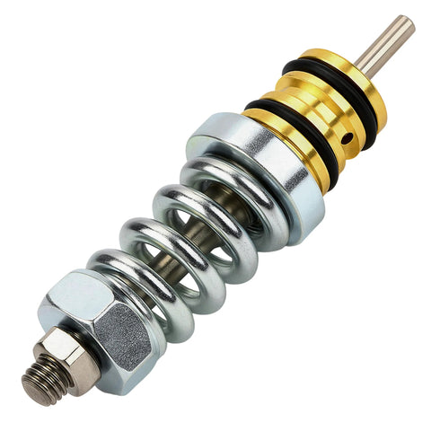 Unloader valve kit for high-pressure washer pump; silver-metal body with gold anodized sections and black O-rings