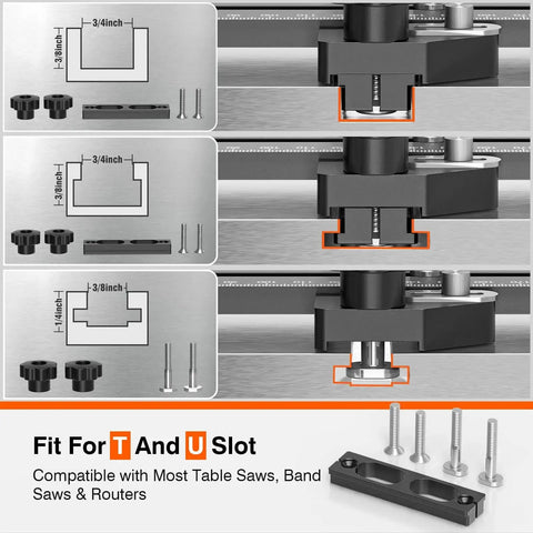 Thin Rip Jig For Table Saw With Dual Bearing Safety Rollers For Repetitive Narrow Strip Cuts Fits Three Eighths By Three Quarters Inch T Slot And One Quarter By Three Eighths Inch T Slot Works With Table Saw Band Saw And Router Table Delivers Smooth Feeds showing slot compatibility