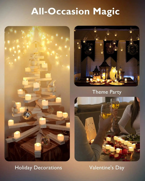 Flickering LED Tea Lights 24Pcs Battery Operated For Votive Centerpieces displayed in holiday and party settings.