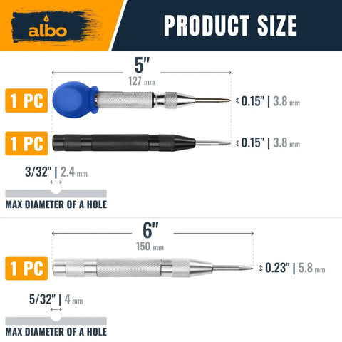 Product size chart for Automatic Center Punch Set With Three Heavy Duty Spring Loaded Punch Tools For Metal Wood And Steel