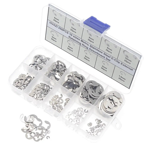 250 Piece Stainless Steel E Clip External Retaining Ring Assortment Kit Ten Metric Sizes From 1.5mm To 10mm With 25 Pieces