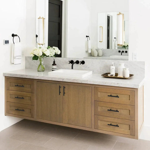 Vanity with 30 Pack Matte Black T Bar Cabinet Pulls, 6 Inch Length With 3-3/4 Inch Hole Centers, Stainless Steel Dresser Drawer Pulls shown in bathroom setting