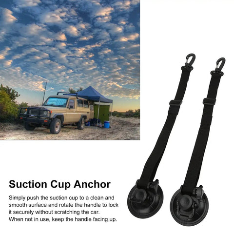 2 Pack 9 Cm Suction Cup Anchors With Carabiner Durable Plastic Tie Down Hooks For Cars Awnings Tents And Tarps Powerful Securement On Smooth Surfaces Easy Install Non Scratch Lock Weather Resistant; shown with car and tent in background.