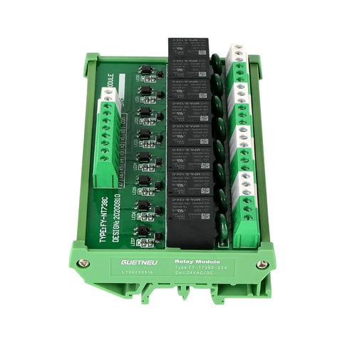 8 Channel SPDT DIN Rail Mount Relay Module 24V DC And AC Plug And Play Interface Board for PLC, green casing, front view