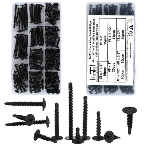 Pro Grade Self Drilling Screws Kit For Metal And Sheet Metal 140 Pcs Black TEK Self Tapping Deck Screws with Drill Point assortment