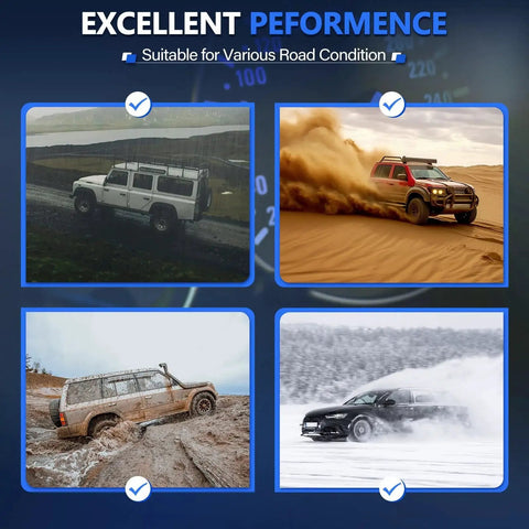 Four off-road vehicles in various terrains with text 'Excellent Performance' and 'Suitable for Various Road Conditions'.