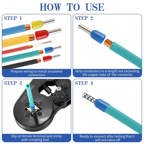 All-In-One Wire Ferrule Crimping Kit With 1800 Ferrules instruction steps showing cable preparation and crimping process