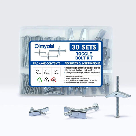 Close-up view of 30 Sets Heavy Duty Toggle Bolts Kit For Drywall And Hollow Walls With One Quarter Inch, Three Sixteenth Inch And One Eighth Inch Butterfly Anchors And Screws, Rust Resistant Carbon Steel Construction in packaging