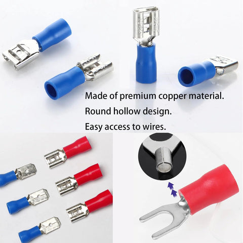 Feggizuli 280-piece crimp connectors kit with blue and red insulated spade, ring and fork terminals; 2.8/4.8/6.3mm