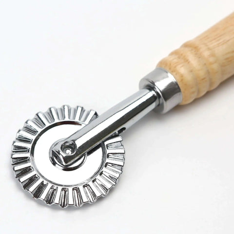 2 Piece Zinc Alloy Crinkle Cutter Set With Long Wooden Handle For Pizza Wheel And Ravioli Press Perfect For Making Pasta Noodles Dumplings Ravioli Lace Pastry Pies Cracker Slices In The Kitchen Or On The Go, close-up of zinc alloy blade with wood handle.