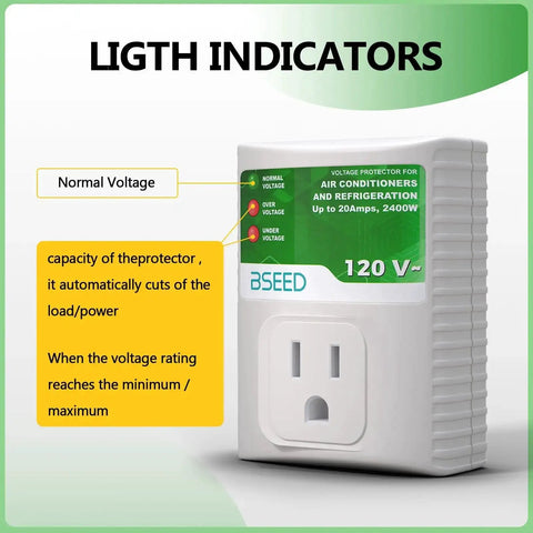 Heavy Duty Surge Protector For Refrigerator And Home Appliances 120V 20A 2400W displaying front view with light indicators