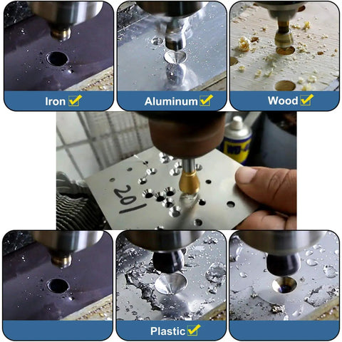 Close-up of Titanium Coated Countersink Chamfer Tool Set For Metal Wood Plastic Deburring Drill Bits 4 Pcs HSS 4241 in use on various materials