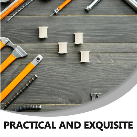 Plastic Caster Socket Inserts 10-Pack, Swivel Caster Stem Sleeves For Office Chair Feet, shown among tools on a wooden surface.