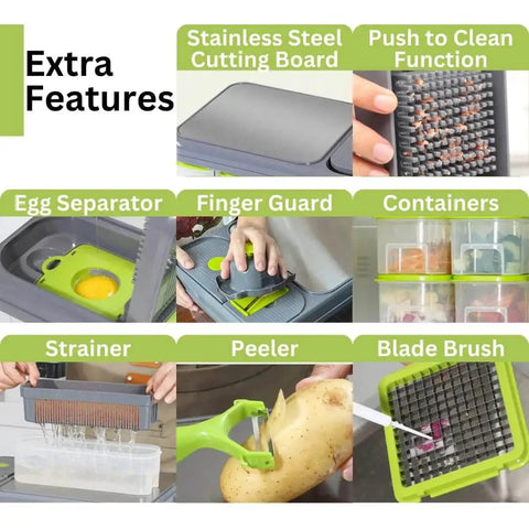 All In One Vegetable Chopper And Prep Station With 15 Functions And 10 Interchangeable Blades Including Mandoline Slicer Cheese Grater Egg Separator Built In Cutting Board And Storage Container For Effortless Meal Prep And A Real Time Saver features.