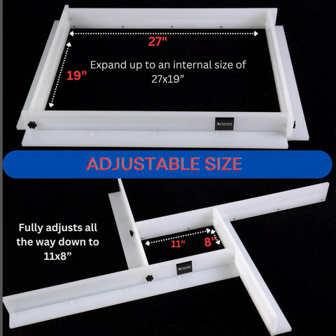 Juice Groove Router Jig Adjustable For Cutting Boards Easy Way To Create Clean Juice Grooves Across Any Thickness Includes 8 Extra Spacers Expands From 11 By 8 Inches Up To 27 By 19 Inches Pro Grade Woodworking Jig For Square Recesses On Cutting Boards, shown expanded and collapsed.