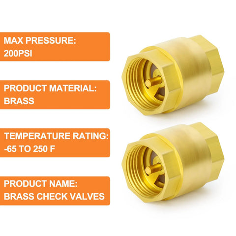 Brass check valves, 1-inch female thread, 2-pack, backflow prevention, shown side by side.
