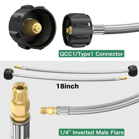 Detailed view of 2 Stage Automatic Changeover Dual Tank Propane Gas Regulator For RV with two 18 inch braided pigtail hoses and connectors.