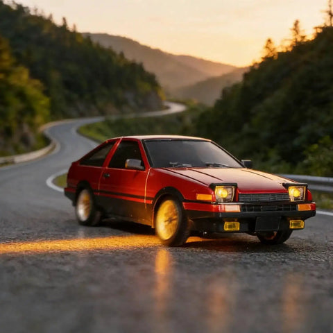 One Eighteen Scale RC Drift Car With Gyro Stabilization In Vintage Red on winding road at sunset