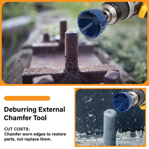Elite External Chamfer Tool Set With Tungsten Carbide Bits in use on metal bolt for deburring, featuring dual size, blue TiN coating.