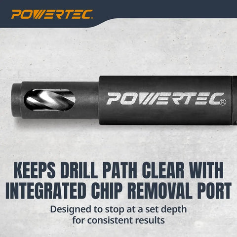 Pro Grade Shelf Pin Jig Kit With 1/4 Inch Self Centering Drill Bit displaying integrated chip removal port.