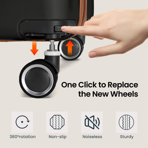 Close-up of the Three Piece Hardside Luggage Set With Spinner Wheels And TSA Lock, showing wheel replacement feature with hand