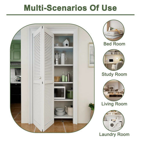 White bifold door open to reveal a pantry with shelving, suitable for bedrooms, study rooms, living rooms, and laundry rooms.