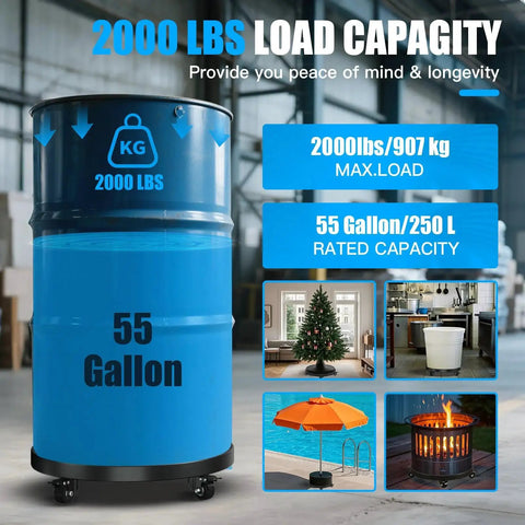 Blue 55-gallon drum on a black heavy-duty drum dolly with four swivel casters and two brakes.