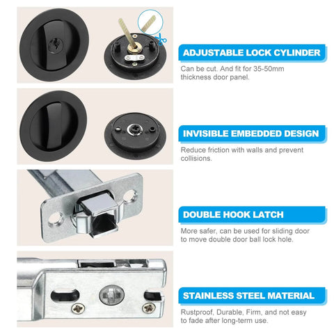 Round Recessed Privacy Door Lock With Keys For Sliding Doors, Matte Black Invisible Pocket Hardware features and parts