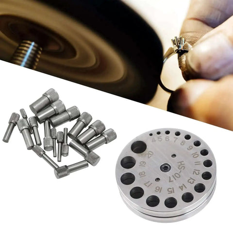 Circle Disc Cutter Set for Jewelry Making shown with 17 dies and pro steel punch die tray in use for crafting rings.