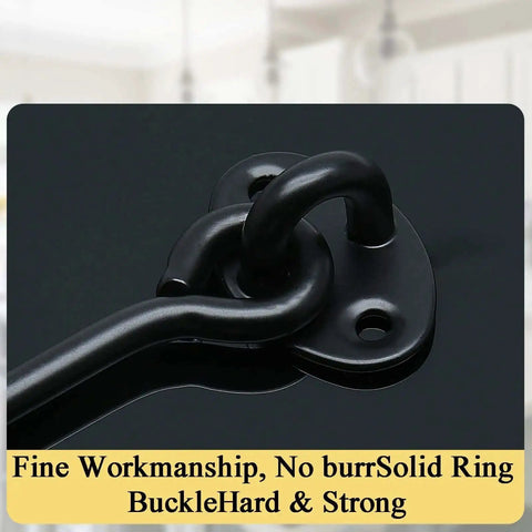 Close-up of 2 Pack 2 Inch Hook And Eye Latch Set showing black stainless steel hook and eye detail for doors and gates.