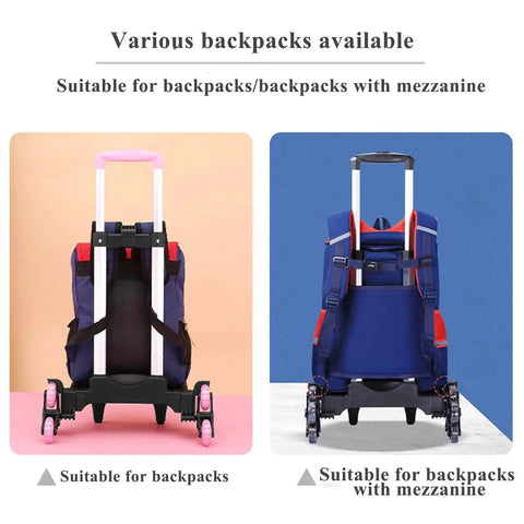 Backpacks on foldable aluminum trolley carts with stair climbing wheels in pink and blue, suitable for travel and school.
