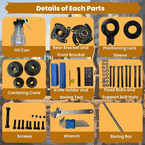 Components of Portable 110V Line Boring Machine With 4.92 Ft Drilling Bar And Control Handle For Excavators And Loaders Bore Diameter From 2.16 To 10.23 Inches Precise Hole Drilling And Alignment Heavy Duty Boring Equipment including oil can, brackets, bolts, screws, wrench, and boring bar.