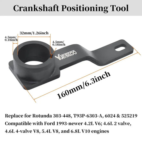 Crankshaft positioning tool for Ford engines, dimensions labeled, black metal, compatible with multiple Ford engine models