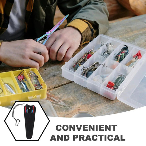 Person organizing fishing tackle box with Multifunctional Long Nose Fishing Pliers With Line Cutter And Hook Remover by Toddmomy visible