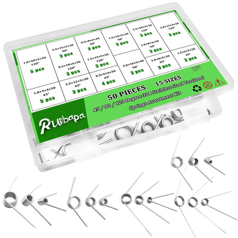 Ruibapa 50-piece stainless steel torsion springs assortment in clear plastic case, 15 sizes, 304 SS for DIY repairs