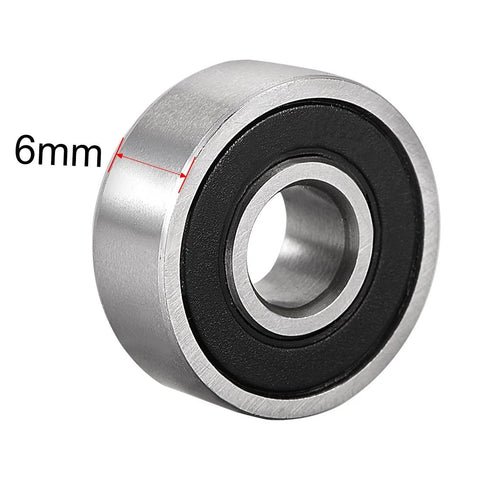 Deep groove ball bearing, silver metal with black seal, 6 mm bore, 17 mm outer diameter, 6 mm width